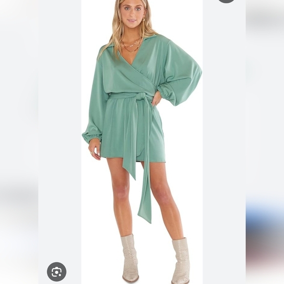 Show Me Your Mumu Chloe Collared Dress In Sage Green Medium Belted Surplice Neck - Picture 1 of 12